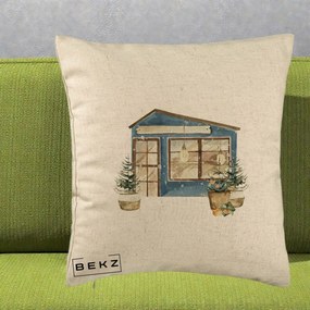 Perna Decorativa Casa de Iarna Watercolor, 40x40 cm, Bej, Husa Detasabila, Perna Inclusa, BEKZ®