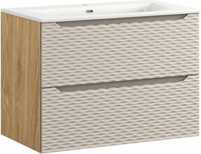 Set dulap baza suspendat 80 cm cu lavoar Comad Ocean bej si stejar uleiat