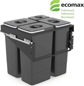 Cos gunoi incorporabil Ecomax Front 60, cu extragere automata, colectare selectiva, gri antracit, 3 x 26 l + 1 x 7 l Polipropilena Otel inoxidabil,