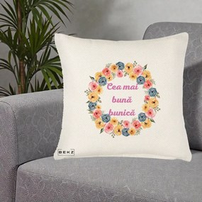 Cadou pentru Bunica - Perna Personalizata Cea Mai Buna Bunica Coronita Flori Multicolore, 40x40 cm, Crem Reliefat, Husa Detasabila, Perna Inclusa, BEKZ®
