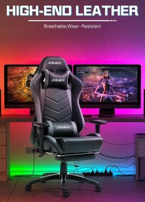 RESIGILAT- DOWINX Scaun gaming, ergonomic, suport lombar cu masaj, spătar rabatabil 90-180°, cotiere reglabile, suport pentru picioare, rezistent 150 kg, piele PU, Negru/Gri