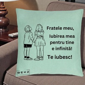 Cadou pentru Frate - Perna Personalizata Fratele Meu Te Iubesc Copii Tinand Maini Line Art, 40x40 cm, Verde Menta, Husa Detasabila, Perna Inclusa, BEKZ®