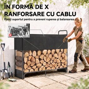 Outsunny Suport pentru Lemne de Foc pentru Interior și Exterior, Oțel Galvanizat cu Husă Oxford, 132x38x118 cm, Negru | Aosom Romania