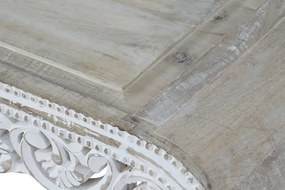 Măsuță laterală sculptată dreptunghiulară din lemn de mango, alb, cu picioare în volută și decor floral, finisaj décapé, 25,4 x 89 x 63,5 cm, „Serava”