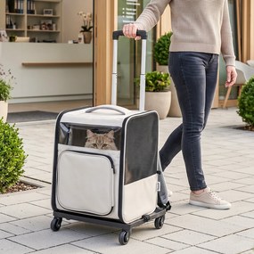 PawHut Transportor pentru Câini Și Pisici cu Roți, Mâner Telescopic, 2 Ferestre din Plasă, până la 5 kg, Gri | Aosom Romania