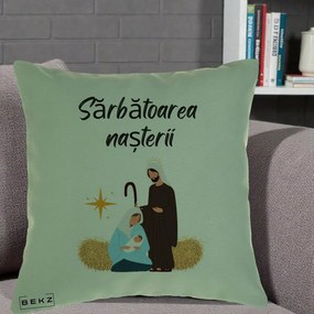 Perna Decorativa Nasterea Domnului Sfanta Familie Sarbatoarea Nasterii, 40x40 cm, Verde, Husa Detasabila, Perna Inclusa, BEKZ®