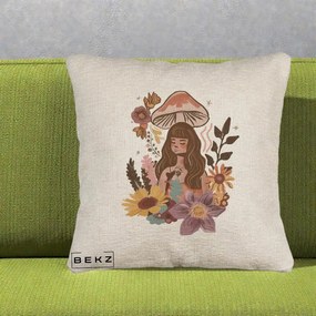 Perna Decorativa Fata Ciuperca Boho Florala, 40x40 cm, Bej Canapea, Husa Detasabila, Perna Inclusa, BEKZ®