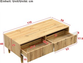 Masă de cafea cu LED, 2 sertare și iluminare LED, 110x50x40 cm, Culoare naturală