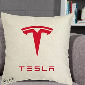 Perna Personalizata cu emblema Tesla, 40x40 cm, Ecru, Husa Detasabila, Perna Inclusa, BEKZ®