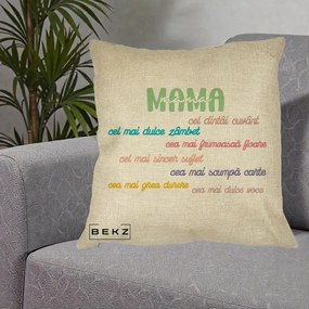 Cadou pentru Mama - Perna Personalizata Mama Cel Dintai Cuvant cu Text Colorat Multicolor, 40x40 cm, Crem, Husa Detasabila, Perna Inclusa, BEKZ®
