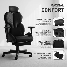 LUMINA X-Motion Confort – Susținere Lombară Avansată, Masaj Integrat și Relaxare Ergonomică Totală, PU, Negru