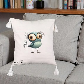 Perna Decorativa Pasare Teal cu Gene si Coada Spiralata, 40x40 cm, Bej cu Franjuri, Husa Detasabila, Perna Inclusa, BEKZ®