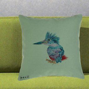 Perna Decorativa Pasare Martin Pescar Acuarela Albastru-Mov, 40x40 cm, Verde, Husa Detasabila, Perna Inclusa, BEKZ®