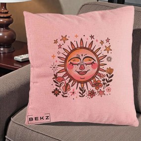 Perna Decorativa Soare Retro Boho Floral, 40x40 cm, Roz, Husa Detasabila, Perna Inclusa, BEKZ®