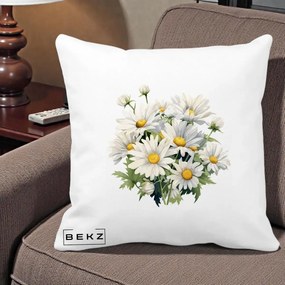 Perna Decorativa Buchet Margarete Albe Acuarela, 40x40 cm, Alba Mata, Husa Detasabila, Perna Inclusa, BEKZ®