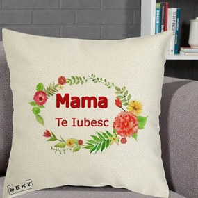 Cadou pentru Mama - Perna Personalizata Mama Te Iubesc Flori Rosii, 40x40 cm, Ecru, Husa Detasabila, Perna Inclusa, BEKZ®