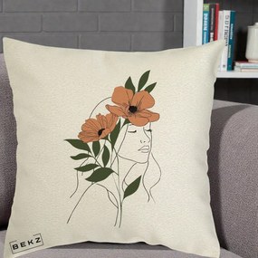 Perna Decorativa Portret Feminin Doua Maci Terracotta, 40x40 cm, Ecru, Husa Detasabila, Perna Inclusa, BEKZ®