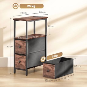 HOMCOM Masă laterală/masă de cafea cu stație de încărcare, cadru din oțel, 2 sertare textile, compartiment deschis, 20cm x 40cm x 63cm, Maro rustic | Aosom Romania