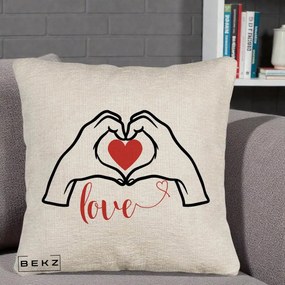 Perna Decorativa Love Maini Inima cu Inscriptie Love Rosu, 40x40 cm, Bej Canapea, Husa Detasabila, Perna Inclusa, BEKZ®