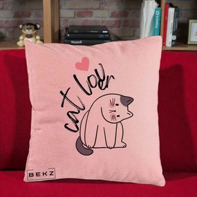 Perna Personalizata Cat Lover Pisica Ilustratie Linie, 40x40 cm, Roz, Husa Detasabila, Perna Inclusa, BEKZ®