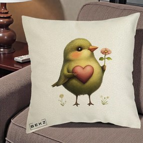 Perna Decorativa Pasare Verde cu Inima si Floare, 40x40 cm, Ecru, Husa Detasabila, Perna Inclusa, BEKZ®
