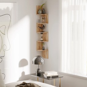 HOMCOM Raft de colț de perete pentru depozitare formă zigzag 20L x 20l x 126H cm 5 niveluri stejar deschis | Aosom Romania