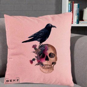 Perna Decorativa Craniu cu Corb si Flori Gothic, 40x40 cm, Roz, Husa Detasabila, Perna Inclusa, BEKZ®