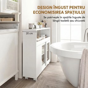 HOMCOM Dulap de Baie cu Roți, Raft Reglabil, Ușă Glisantă din Sticlă Călită, Alb | Aosom Romania