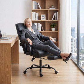 HOMCOM Scaun de birou ergonomic rotativ, rabatabil 165°, din piele ecologică PU, cu suport pentru picioare și înălțime reglabilă, negru | Aosom Romania