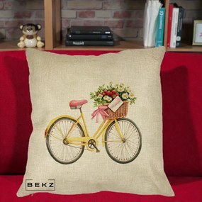 Perna Decorativa Bicicleta Galbena cu Cos de Flori Primavara, 40x40 cm, Crem, Husa Detasabila, Perna Inclusa, BEKZ®