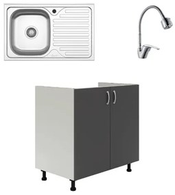Set Masca Chiuveta Karo, Antracit/Alb, 80 x 50 x 80 cm, Chiuveta Inox, Cuva stanga, Baterie Flexibila