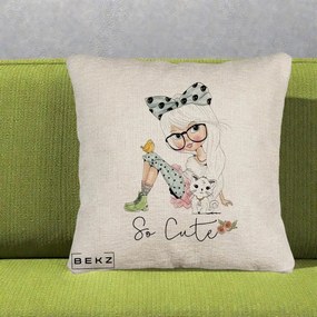 Perna Decorativa So Cute Fata Fashion, 40x40 cm, Bej Canapea, Husa Detasabila, Perna Inclusa, BEKZ®