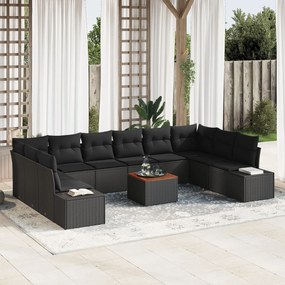 vidaXL Set de canapea de grădină, 11 piese, cu perne, ratan negru, din lemn de acacia