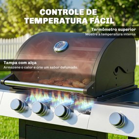 Outsunny Grătar pe Gaz, 3 Arzătoare, Arzător Lateral, Grătare din Fontă, Rafturi Laterale Incluse. | Aosom Romania