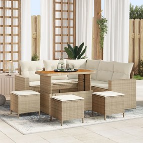 vidaXL Set de canapele de grădină , cu 8 piese și perne bej din poly rattan și acacia