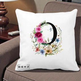 Cadou Personalizat - Perna Personalizata Monogram Litera O cu Flori Acuarela, 40x40 cm, Alba Mata, Husa Detasabila, Perna Inclusa, BEKZ®