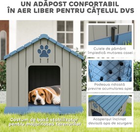 PawHut Căsuță pentru Câini din Plastic pentru Exterior, Impermeabilă, pentru Câini de Talie Medie cu Bază Ridicată, Ferestre și Acoperiș pentru Grădină, Patio, Terasă, Casă și Interior, 85x79x82 cm, Gri | Aosom Romania