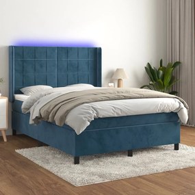 3139563 vidaXL Pat cu arcuri, saltea și LED, bleumarin, 140x190 cm, catifea