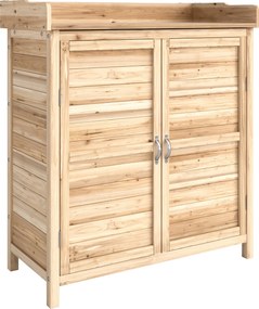 Dulap de exterior Outsunny cu 2 rafturi din lemn de brad cu design înălțat și 2 uși, 83x40x92 cm, culoarea lemnului | Aosom Romania
