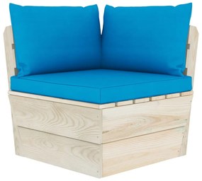 Set mobilier gradina din paleti cu perne, 11 piese, lemn molid Albastru deschis, 3x colt + 5x mijloc + masa + 2x suport pentru picioare, 1