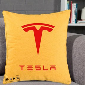 Perna Personalizata cu emblema Tesla, 40x40 cm, Galben, Husa Detasabila, Perna Inclusa, BEKZ®