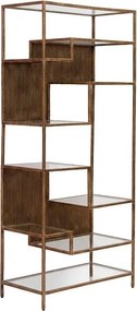 Etajeră metalică vintage, auriu, cu 10 rafturi din sticlă și panouri striate, 180 x 80 x 40 cm, „Rugato”