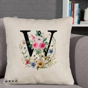 Cadou Personalizat - Perna Personalizata Monograma Florala Litera W, 40x40 cm, Bej Canapea, Husa Detasabila, Perna Inclusa, BEKZ®