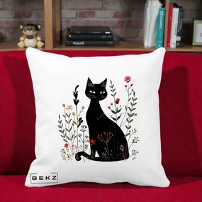 Perna Decorativa Pisica Neagra Botanica Rosu-Gri, 40x40 cm, Alba Mata, Husa Detasabila, Perna Inclusa, BEKZ®