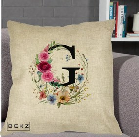 Cadou Personalizat - Perna Personalizata Monogram Litera G cu Flori Acuarela, 40x40 cm, Crem, Husa Detasabila, Perna Inclusa, BEKZ®