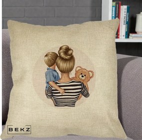 Cadou pentru Mama - Perna Personalizata Mama si Baietelul cu Ursulet, 40x40 cm, Crem, Husa Detasabila, Perna Inclusa, BEKZ®
