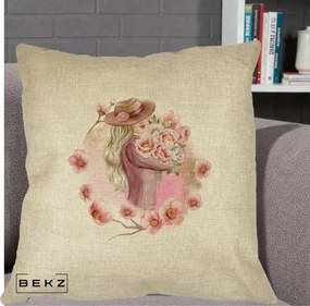 Perna Decorativa Femeie cu Flori Roz Acuarela, 40x40 cm, Crem, Husa Detasabila, Perna Inclusa, BEKZ®