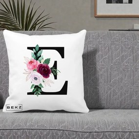 Cadou Personalizat - Perna Personalizata Monograma Florala Litera E, 40x40 cm, Alba Mata, Husa Detasabila, Perna Inclusa, BEKZ®
