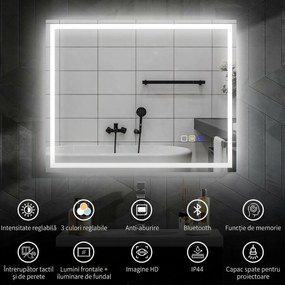 HOMCOM Oglindă Baie Bluetooth LED Antiabur Tactil | Aosom Romania