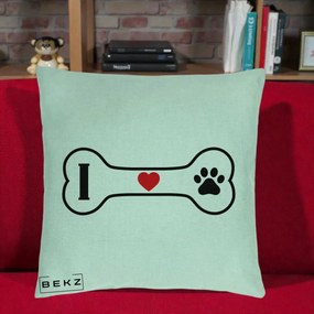 Perna Personalizata I Love Dog Os si Labuta, 40x40 cm, Verde Menta, Husa Detasabila, Perna Inclusa, BEKZ®
